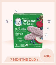 Load image into Gallery viewer, Gerber Organic Teethers Blueberry Apple Beet 48g Box is for kids over 7 months old