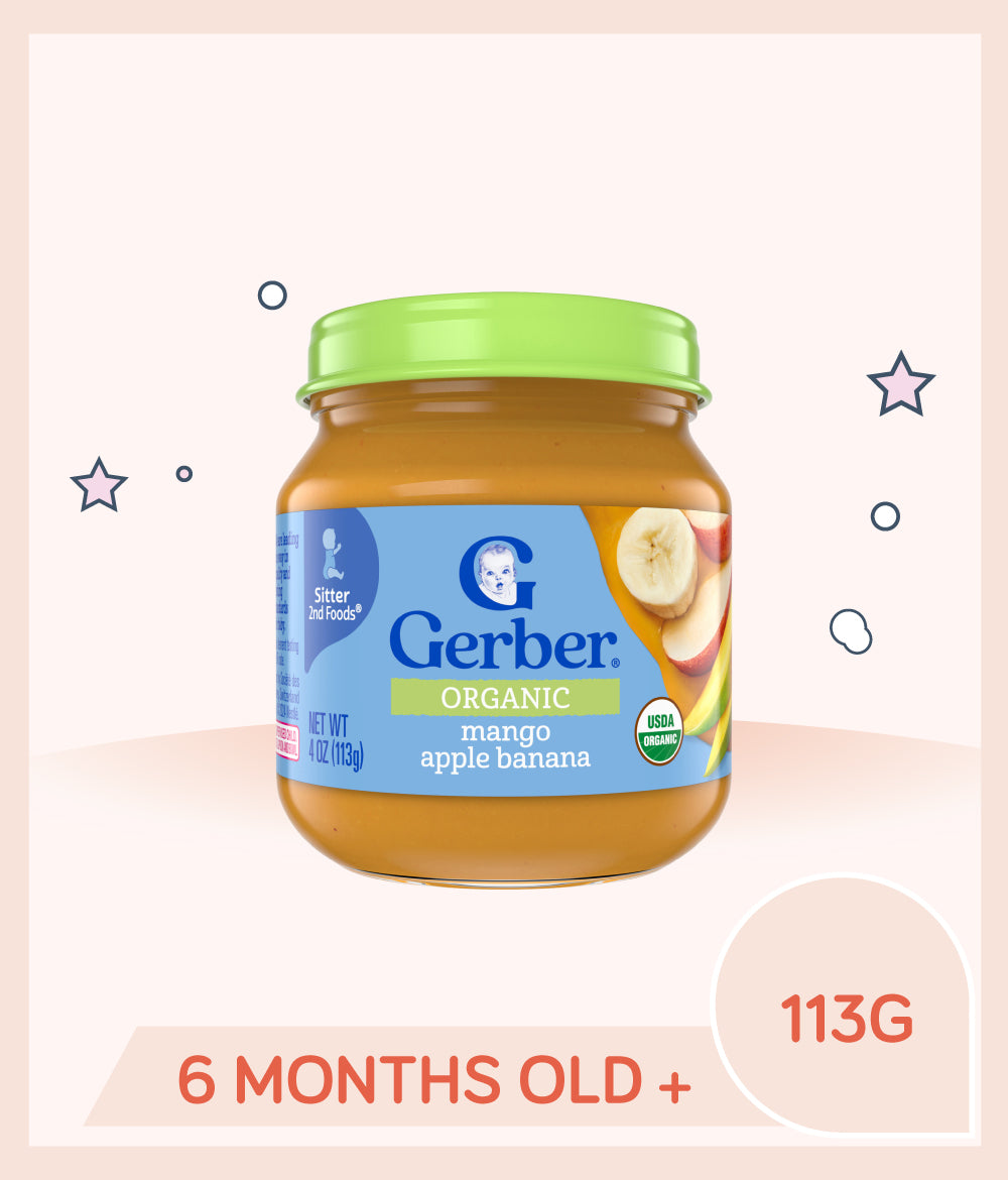Gerber Organic Mango Apple Banana Baby Food 113g Jar is for babies over 6 months old