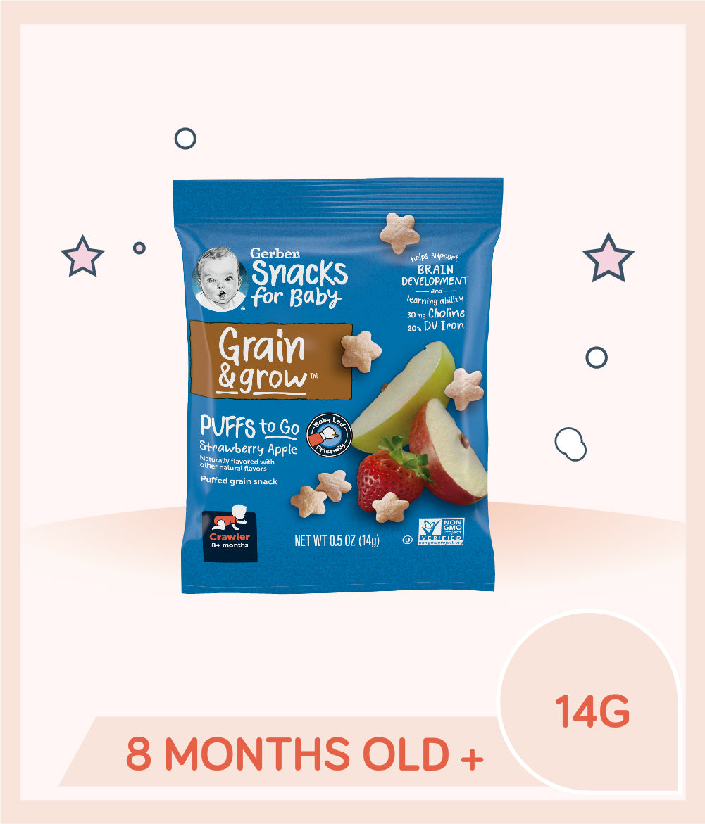 Gerber Puffs To Go Strawberry Apple 14g Pouch is for babies over 8 months old