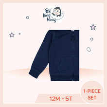 Load image into Gallery viewer, Close up of blue hoodie front pocket and cuffed sleeves