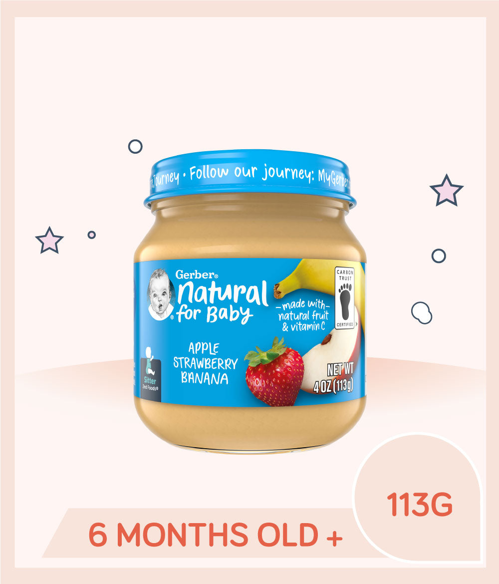 Gerber Apple Strawberry Banana Baby Food 113g Jar is for kids over 6 months old.