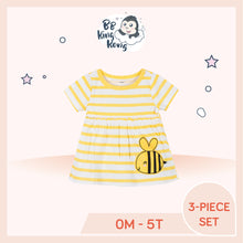 Load image into Gallery viewer, Yellow and white striped baby girl dress with print bee art