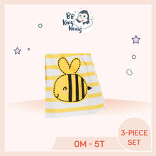 Load image into Gallery viewer, White & yellow stripes with puff & screen print bee art on dress