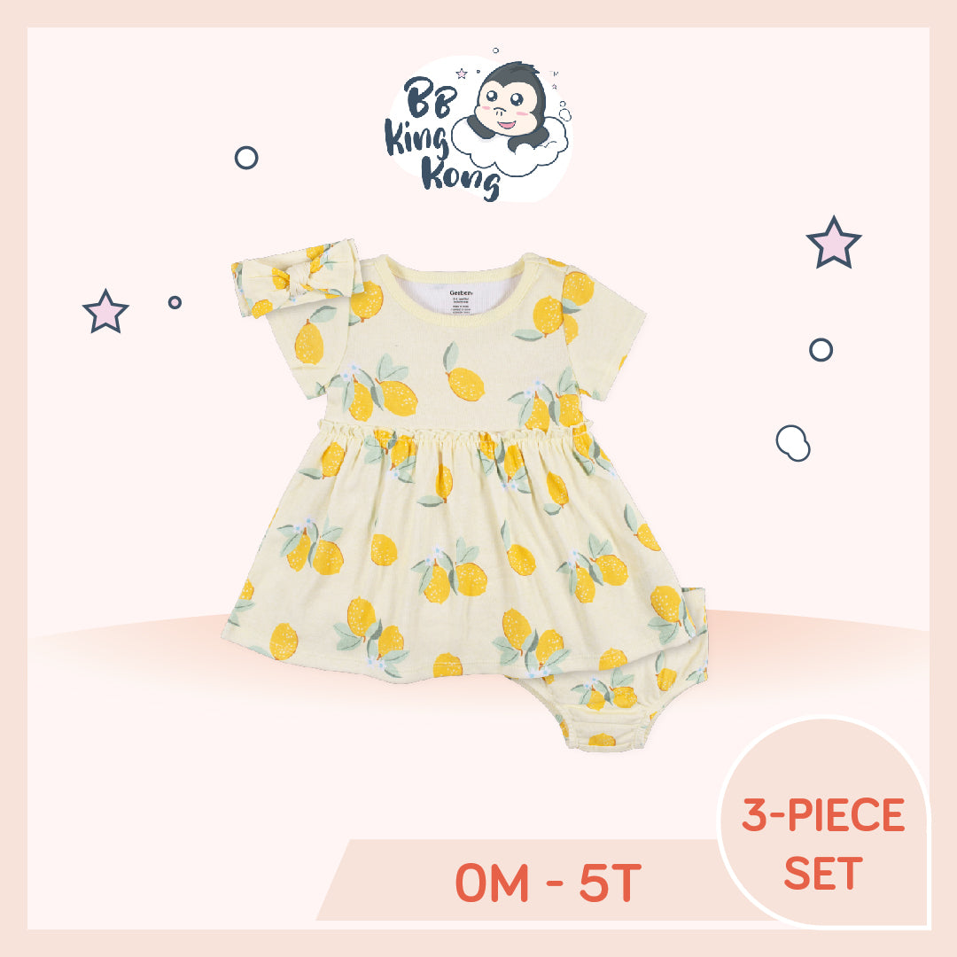 Gerber 3 Pack Baby Girl Lemons Dress Set for newborns to 5 years old