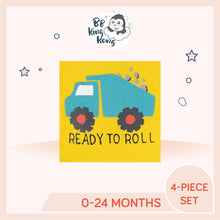 Load image into Gallery viewer, Close up of design and colour of Gerber 4 Pack Baby Boy Trucks Short Sleeve Onesies Bodysuit with text