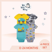Load image into Gallery viewer, A set of four Gerber baby boy trucks short sleeve onesies bodysuits in various colors, featuring truck and road vehicle graphics for newborns 0-24 months old.