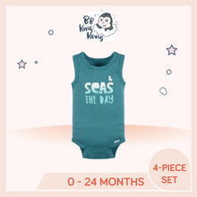 Load image into Gallery viewer, Turquoise Gerber Baby Boy Sea Sleeveless Onesies Bodysuits with printed text 'Seas The Day'