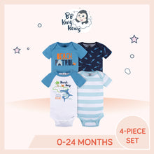 Load image into Gallery viewer, A set of four Gerber baby boy shark short sleeve onesies bodysuits, laid out with one in blue with a shark design, one in white with a different shark design, one in blue and white striped, and one in solid white is for kids from 0-24 months.