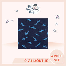 Load image into Gallery viewer, Close up of design and dark blue colour of Gerber 4 Pack Baby Boy Shark Short Sleeve Onesies Bodysuits
