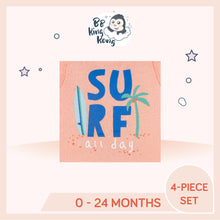 Load image into Gallery viewer, Close up of pink clothing with print text 'Surf all day'