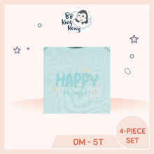 Load image into Gallery viewer, Printed text 'Happy thoughts' on blue clothing