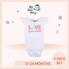 Load image into Gallery viewer, White Gerber Baby Girl Fruits Sleeveless Onesies Bodysuits with text 'Love your world'