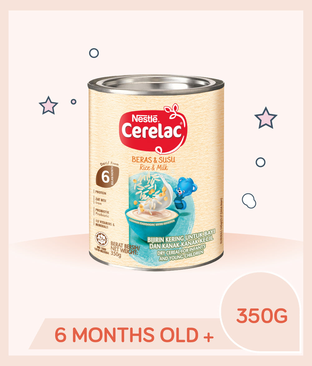 Cerelac Infant Cereal Rice & Milk 350g Tin is for kids over 6 months old