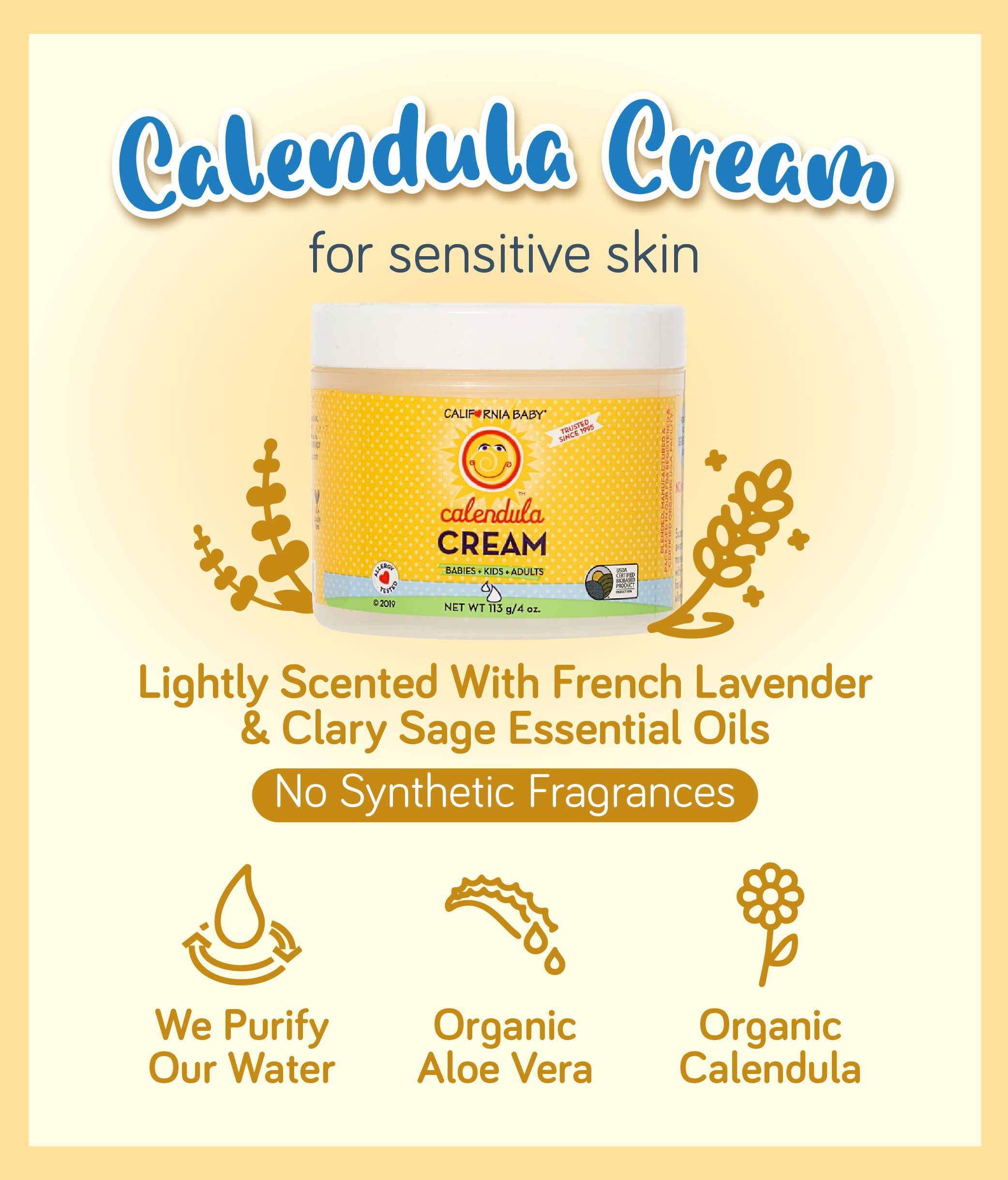Packaging of California Baby Calendula Cream with highlights on plant-based, organic ingredients and no synthetic fragrances.