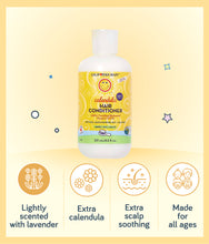 Load image into Gallery viewer, Key features of California Baby Calendula Hair Conditioner with lightly lavender scent, extra calendula, scalp soothing and made for all ages.