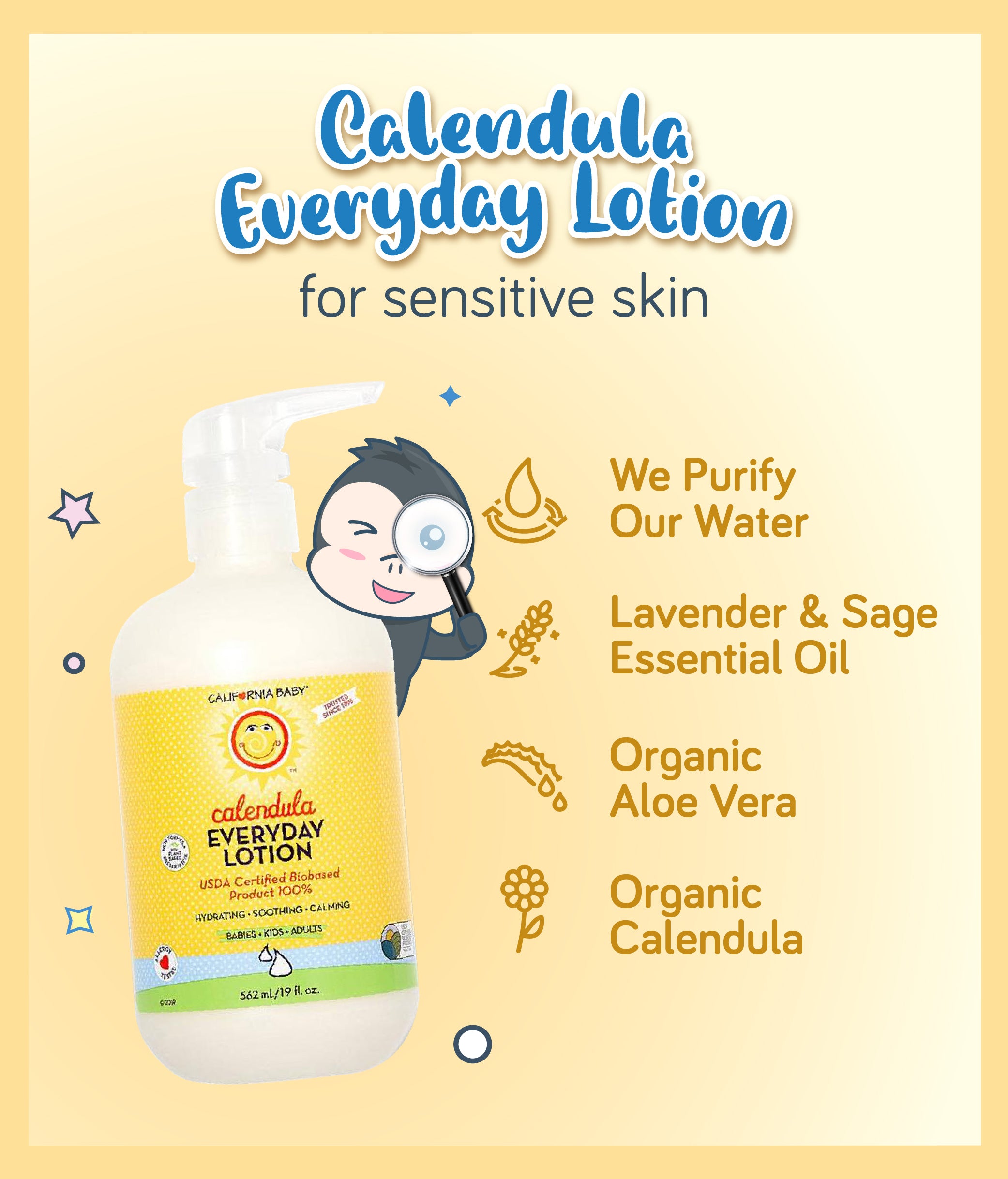 A bottle of California Baby Calendula Everyday Lotion with graphic elements indicating it is plant-based, organic, and contains calendula and lavender & sage essential oils.