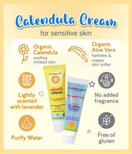 Load image into Gallery viewer, California Baby Calendula Cream and Eczema Cream sample pack, highlighting organic calendula and aloe vera, with no added fragrance, lightly scented with lavender, and free of gluten.