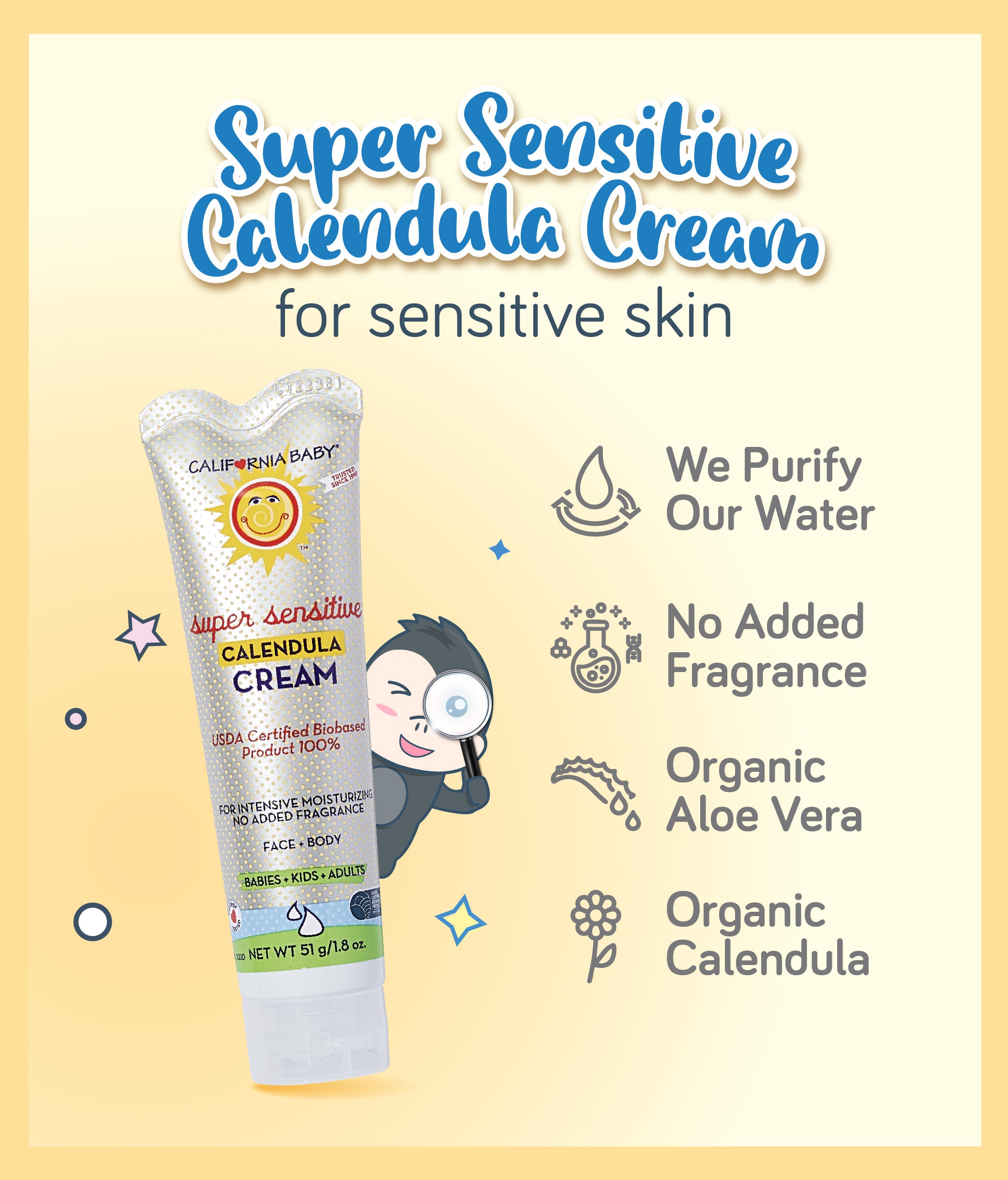 Packaging of California Baby No Fragrance Super Sensitive Calendula Cream with illustrations indicating for sensitive skin, organic aloe vera, and organic calendula.