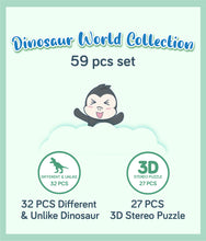 Load image into Gallery viewer, Icons showing product features: 32 pieces of different & unlike dinosaurs and 27 pieces of 3D stereo puzzle