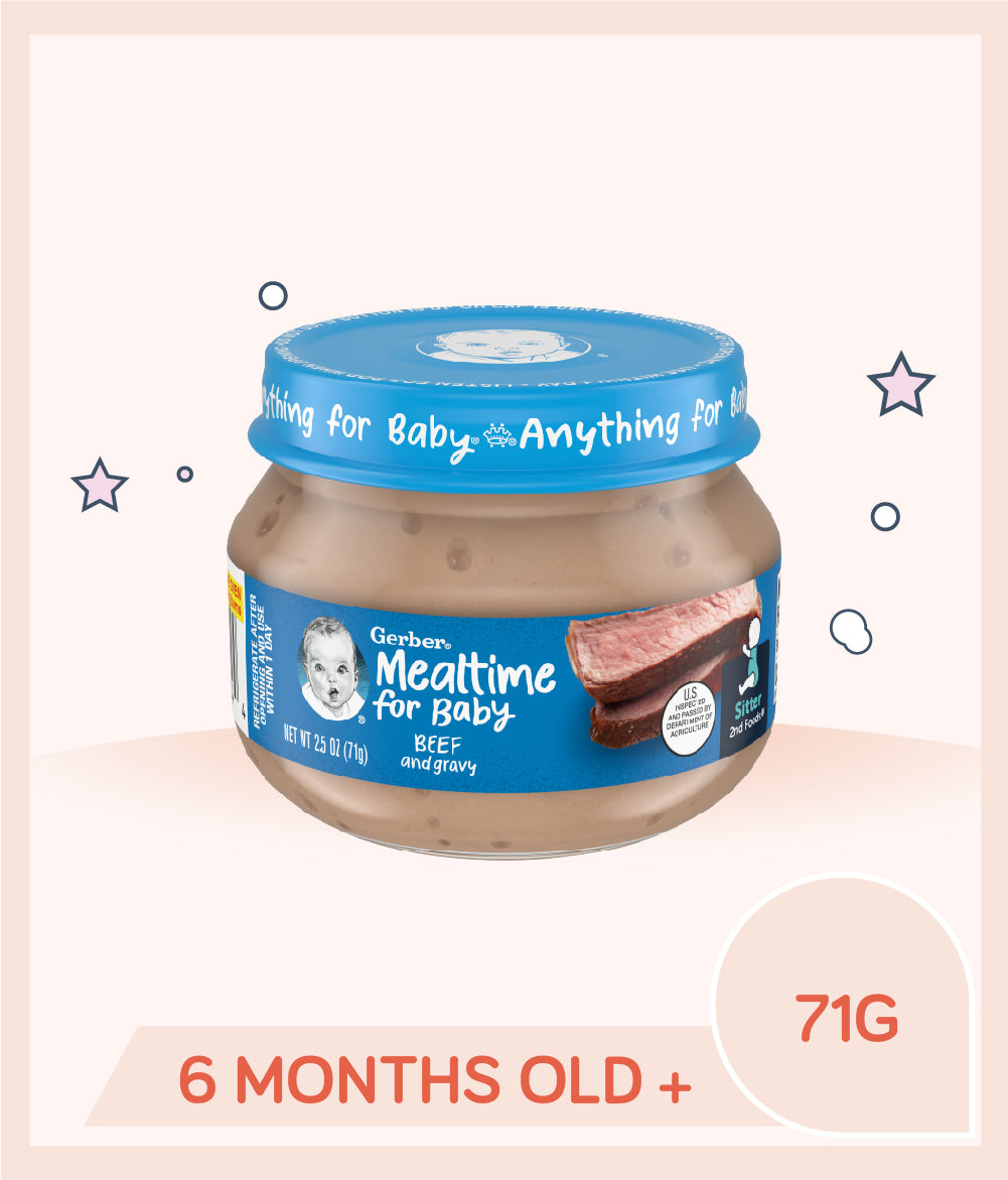 Gerber Beef & Gravy 71g jar is for babies over 6 months old