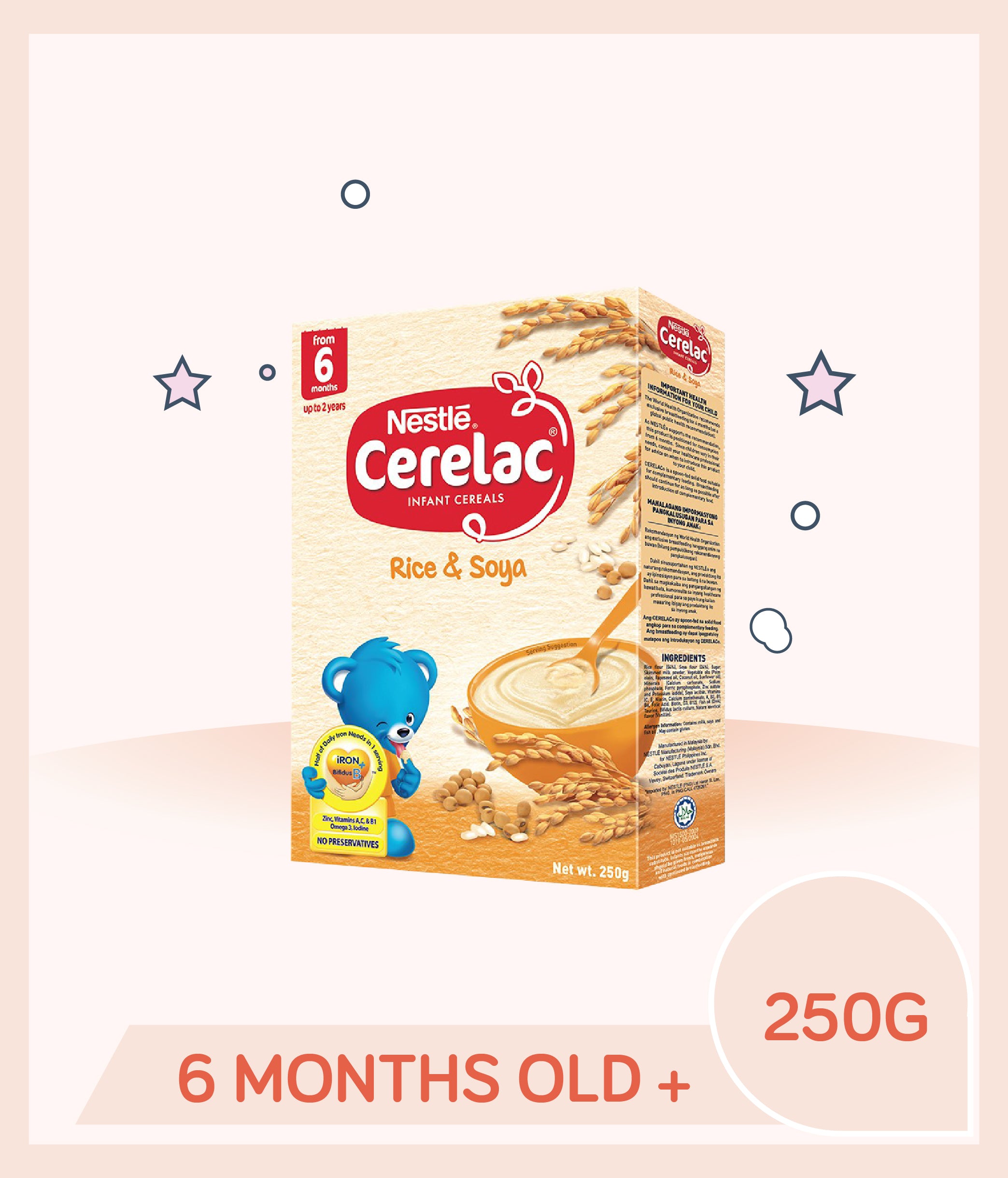 Cerelac Infant Cereal Rice & Soya 250g is for kids over 6 months old.