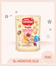 Load image into Gallery viewer, Cerelac nutripuffs snacks banana strawberry 50g pouch for 9+ months old