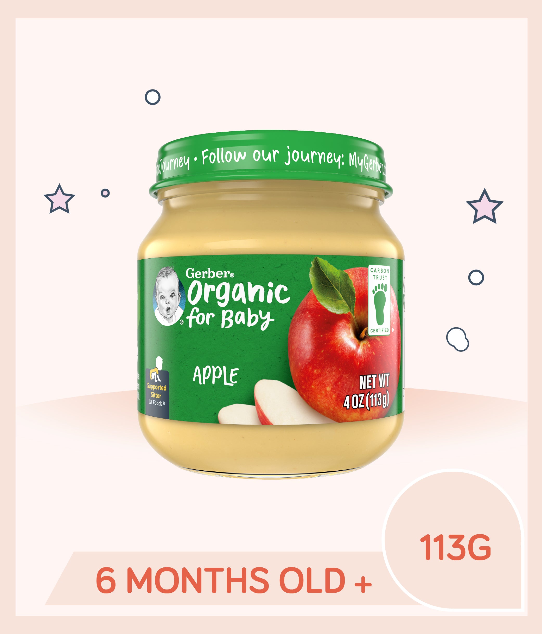 Gerber Organic Apple Baby Food 113g Jar is for babies over 6 months old