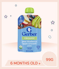 Load image into Gallery viewer, Gerber Organic Pear Blueberry Apple Avocado 99g Pouch for kids over 6 months old