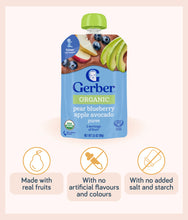 Load image into Gallery viewer, Gerber Organic Pear Blueberry Apple Avocado 99g Pouch is made with real fruits with no additional or artificial adding