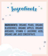 Load image into Gallery viewer, Ingredients used in Gerber Organic Pear Blueberry Apple Avocado