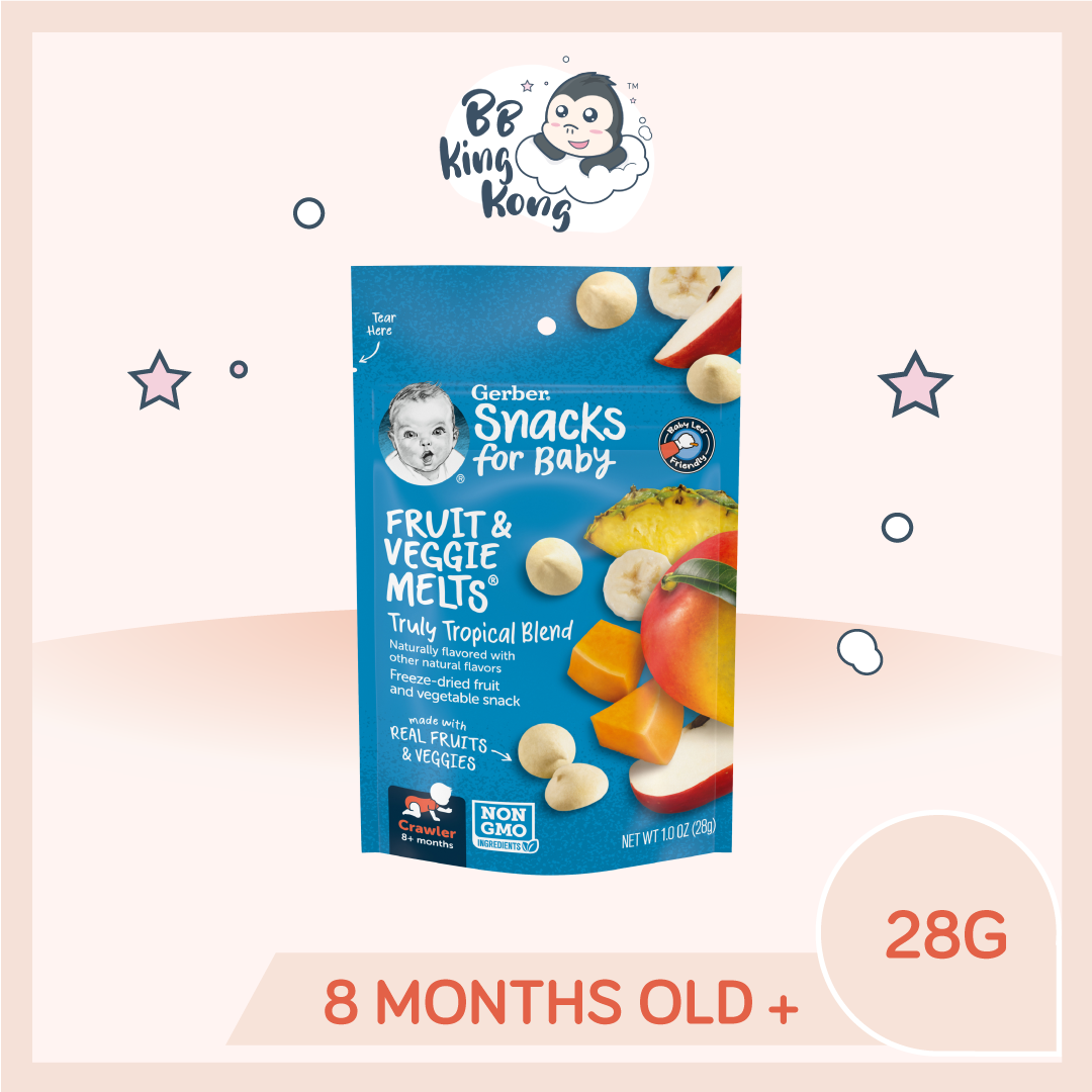 Gerber Truly Tropical Blend Fruit & Veggie Melts 28g Pouch is for kids over 8 months old