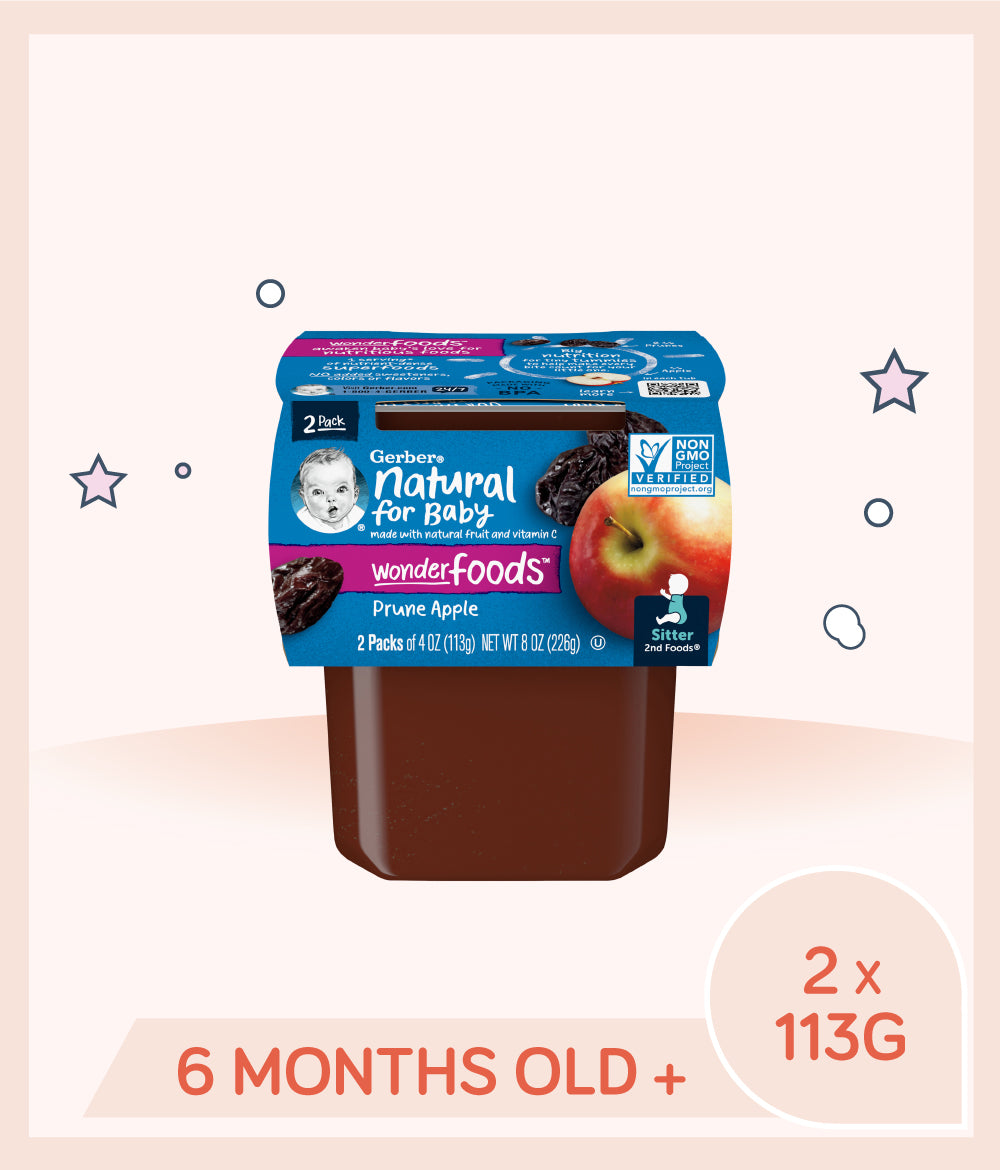 Gerber Prune Apple tub is for babies over 6 months old