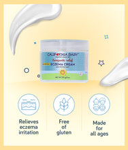 Load image into Gallery viewer, Key features showing California Baby Eczema Cream relieves irritation, free of gluten and made for all ages.
