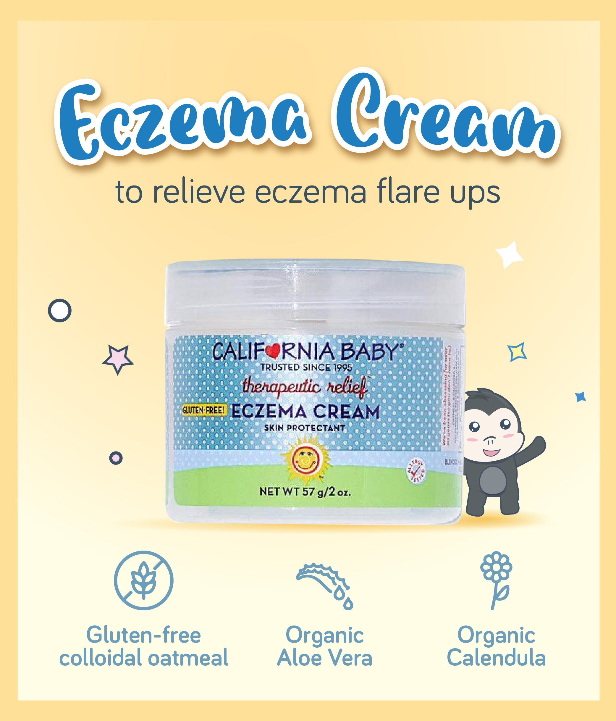 California Baby Eczema Cream presented as a moisturizer to relieve eczema flare-ups, highlighting its organic ingredients such as colloidal oatmeal, aloe vera, and calendula.