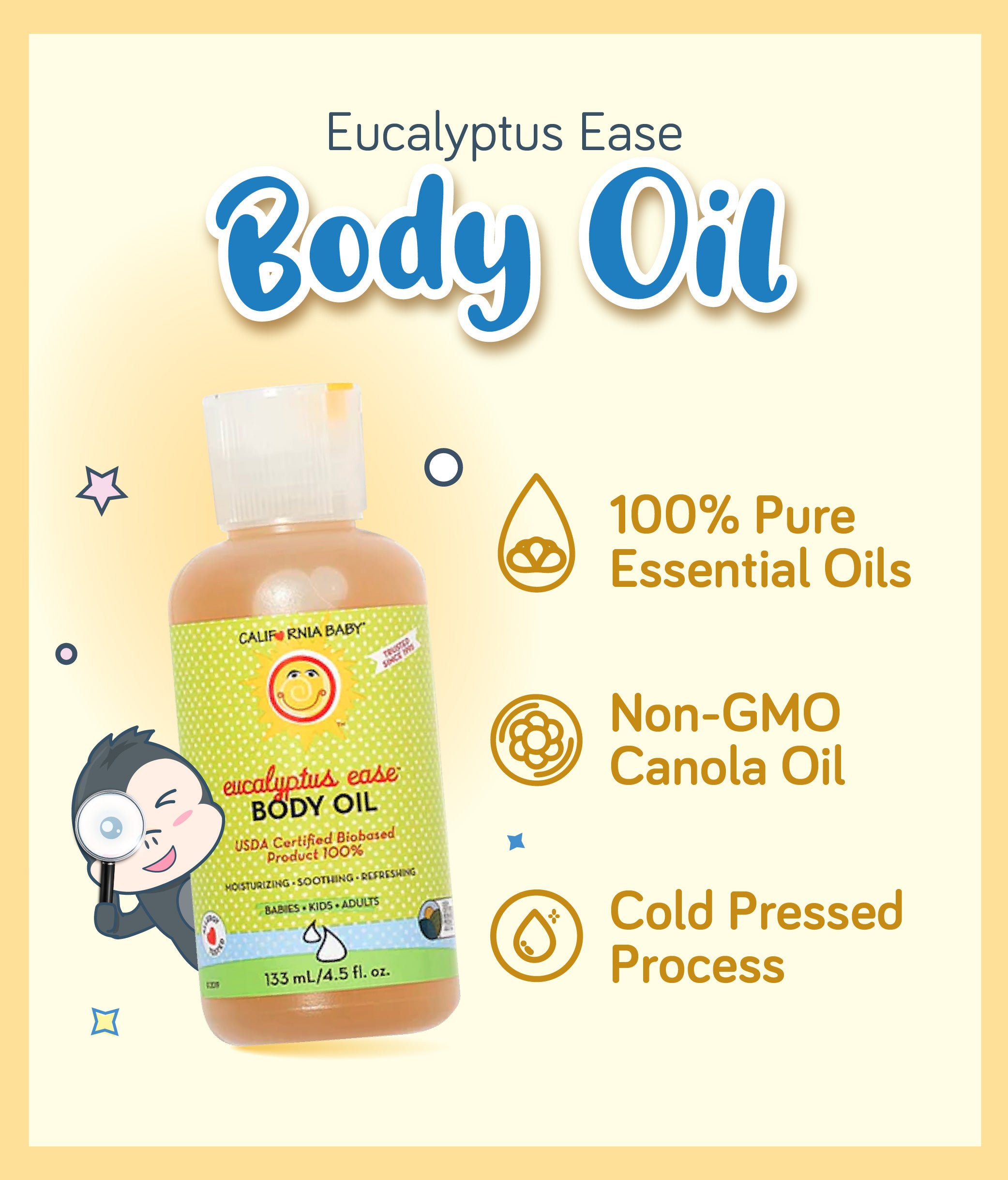 California Baby Eucalyptus Ease Body Oil featuring the product bottle with highlights on its 100% plant-based ingredients, non-GMO canola oil, and cold pressed process.