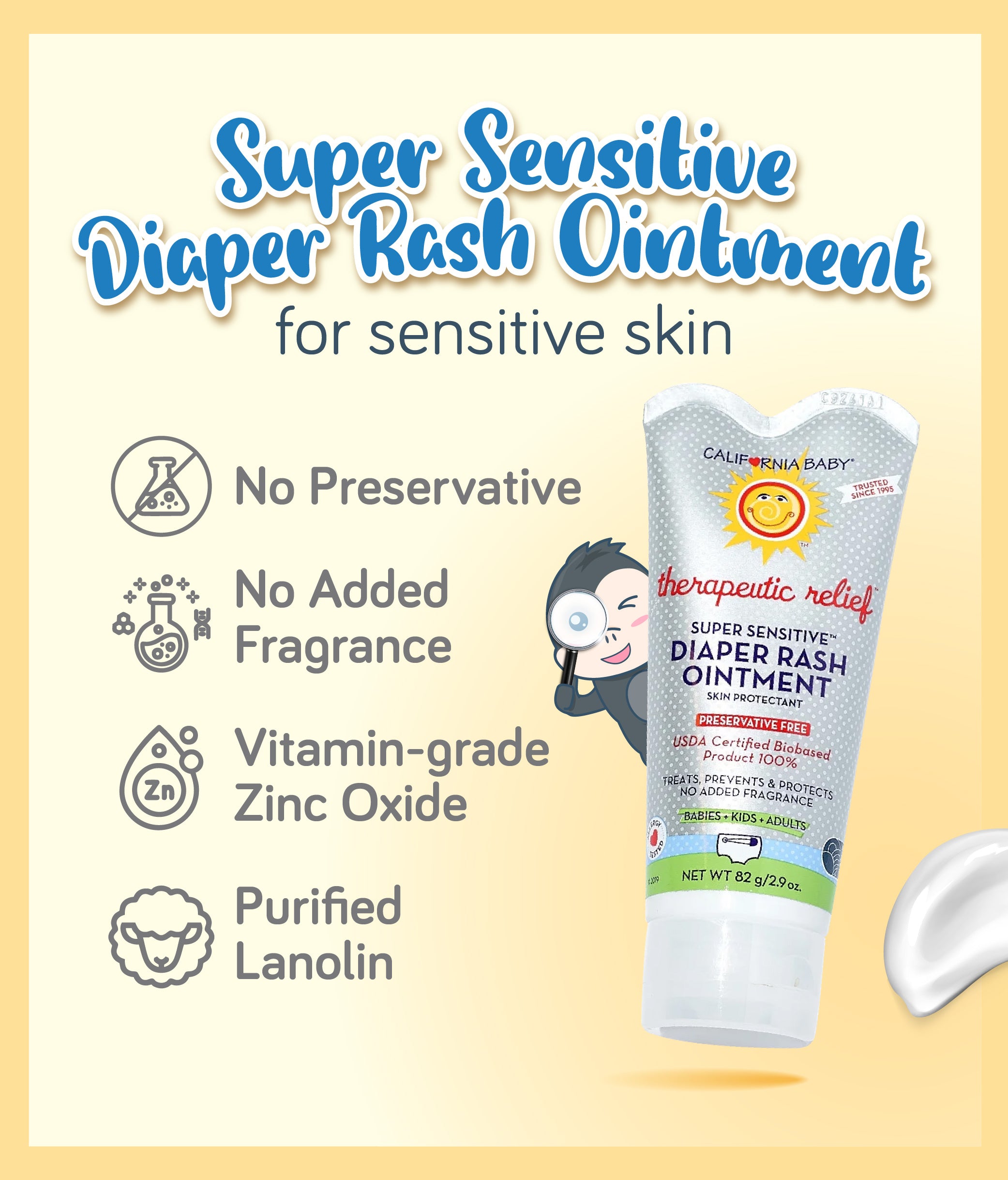 Packaging of California Baby Super Sensitive Diaper Rash Ointment with key product features