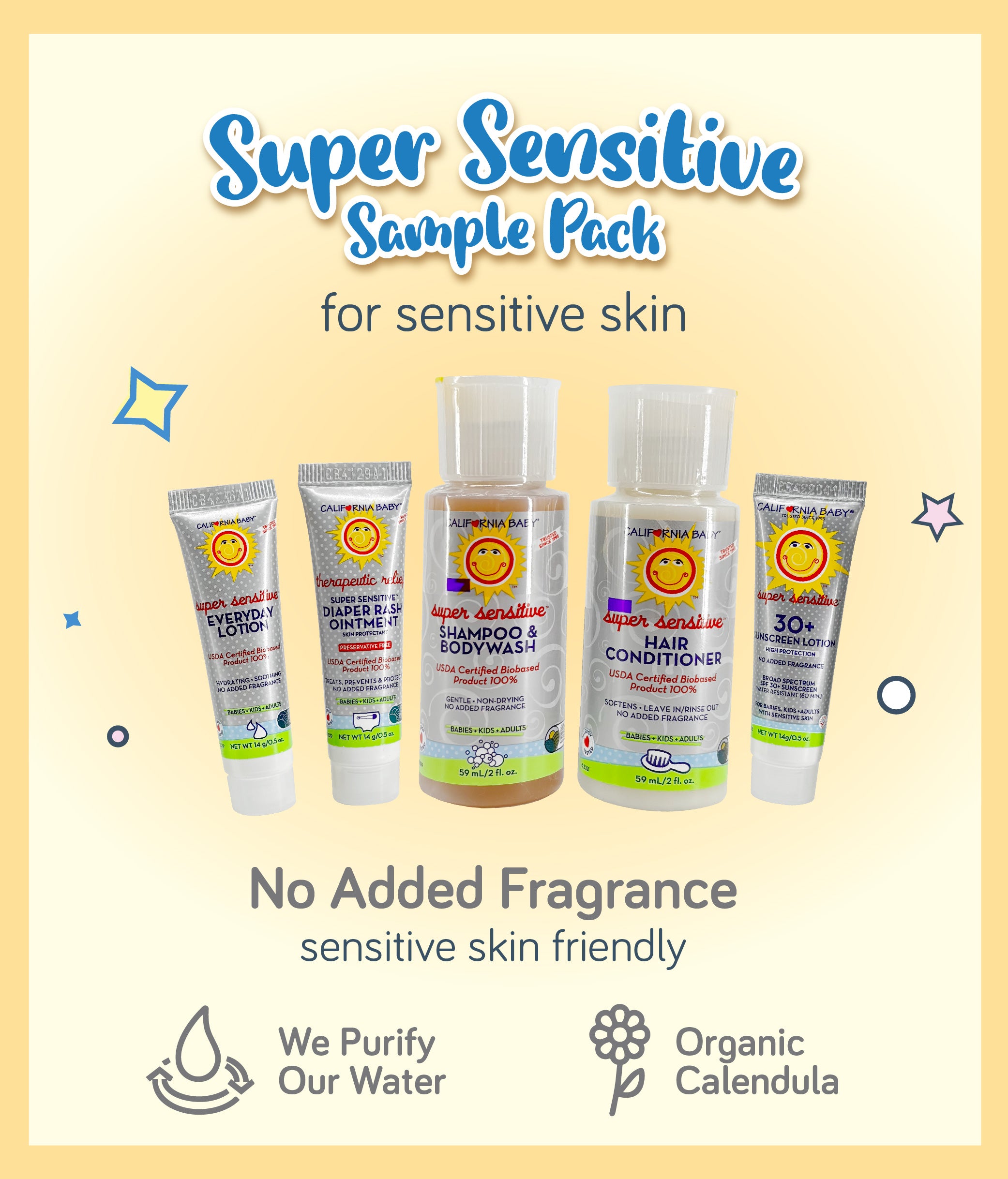 California Baby Super Sensitive skincare products in a sample pack, including shampoo, bodywash, conditioner, lotion, sunscreen, and diaper rash ointment.