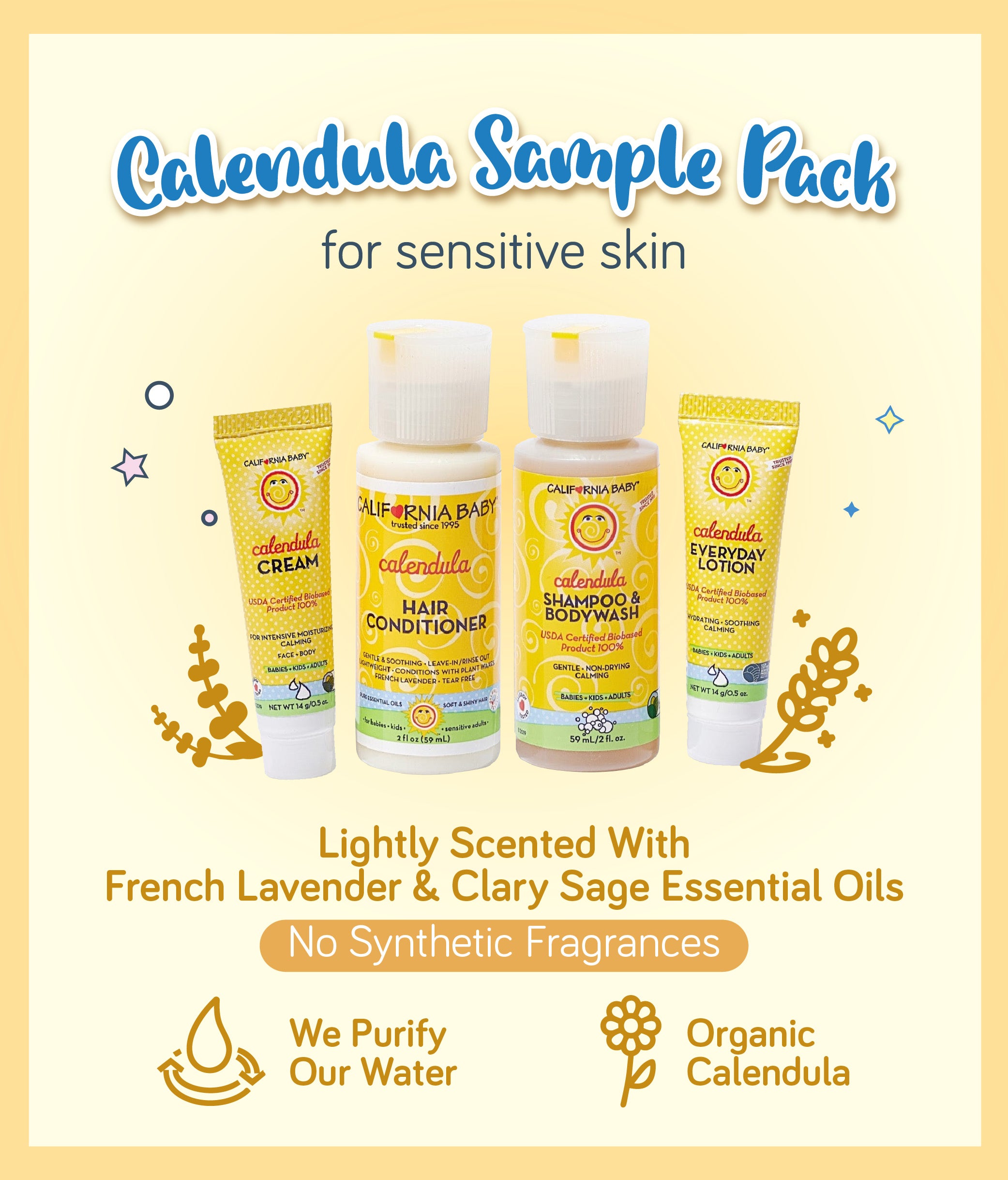 California Baby Calendula Sample Pack with four small bottles of calendula shampoo, bodywash, hair conditioner, and lotion, prominently displaying the vegan and organic ingredients.