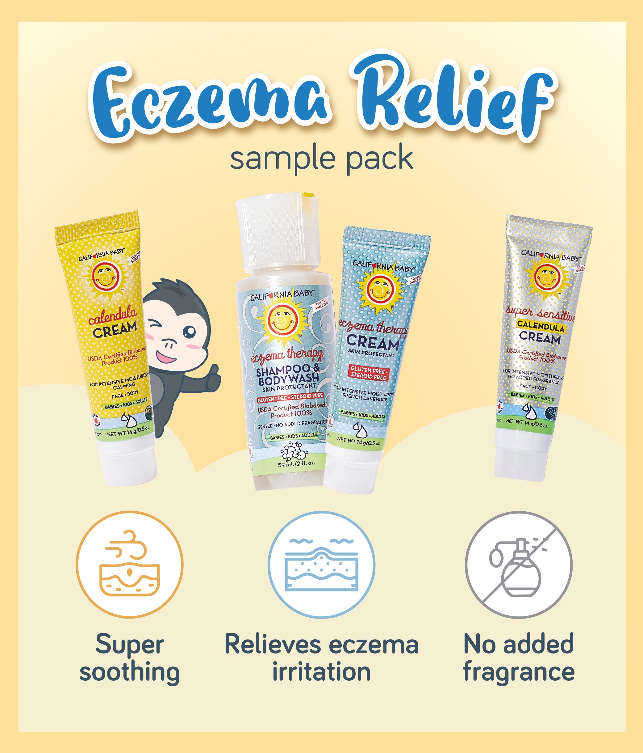 California Baby Eczema Relief sample pack products including tubes and bottles of skincare products with labels, along with icons indicating key product features such as 'super soothing', 'relieves eczema irritation', and 'no added fragrance'.