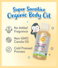Load image into Gallery viewer, California Baby Super Sensitive Organic Body Oil featuring product details such as 'No added fragrance', 'Non-GMO Canola Oil', and 'Cold pressed process'. The image shows a bottle of the body oil with a label and illustrations indicating its organic and suitable for sensitive skin qualities.