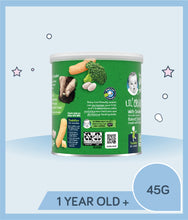 Load image into Gallery viewer, Milestone info of Gerber Organic Lil Crunchies White Cheddar Broccoli 45g Canister