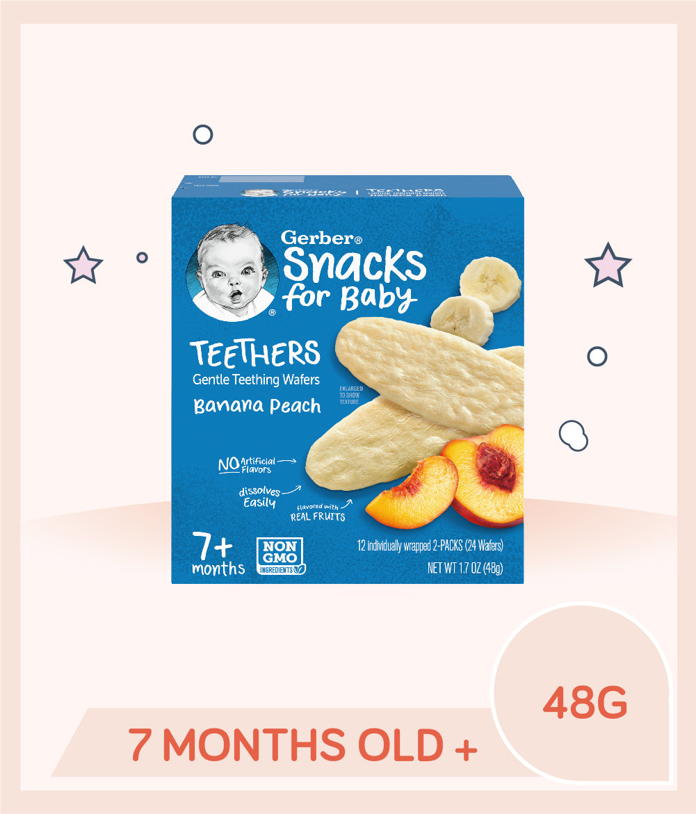 Gerber Teethers Banana Peach 48g Box is for kids over 7 months old
