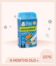 Load image into Gallery viewer, Front view of Gerber Powerblend Probiotic Cereal Oatmeal, Lentil, Carrots & Peas 227g container