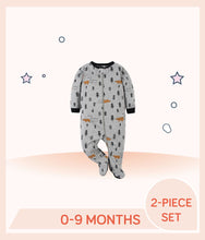 Load image into Gallery viewer, Gray Sleep 'N Play features allover forest bear print with black trim