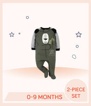 Load image into Gallery viewer, Green Sleep n Play with green black striped sleeves and bear face art with "Save Our Trees Please" text