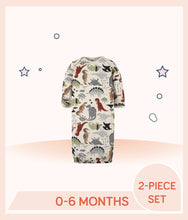 Load image into Gallery viewer, Beige gown features an allover print of dinosaurs