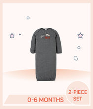 Load image into Gallery viewer, Gray heather gown features dinosaur art with "Little Guy Big Roar