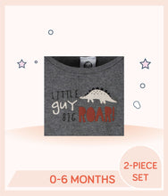 Load image into Gallery viewer, Close up of gray heather surface features dinosaur art with "Little Guy Big Roar"