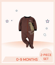 Load image into Gallery viewer, Green with gray orange striped Sleep n Play with black trim with dino art with "Here to Explore the World"