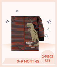 Load image into Gallery viewer, Close up of dino art with "Here to Explore the World" text